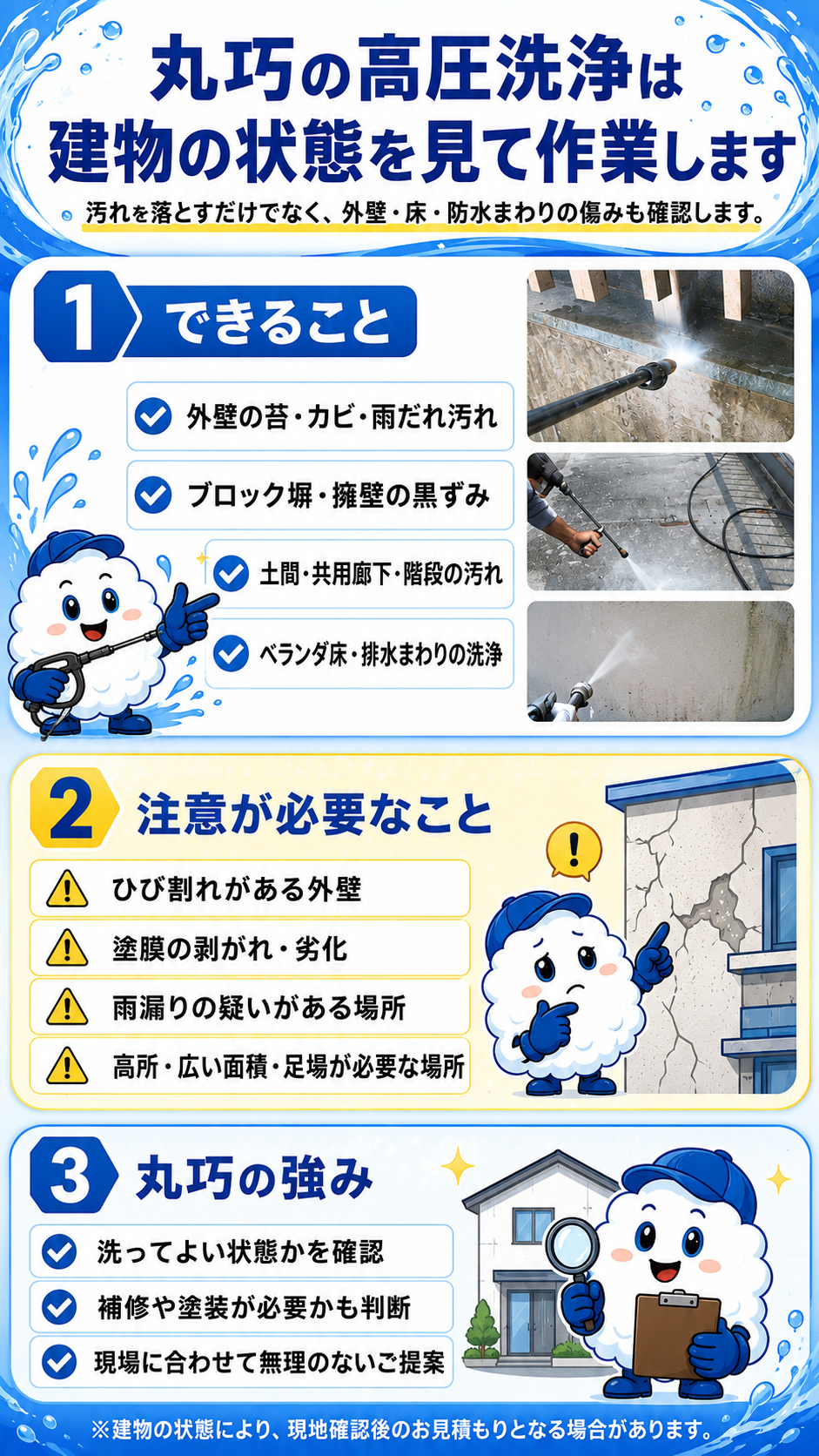 丸巧の高圧洗浄は建物の状態を見て作業します