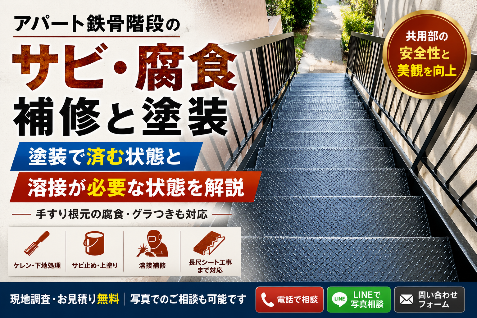 アパート共用部の鉄部サビ・腐食補修|鉄骨階段・手すりの塗装・溶接修理