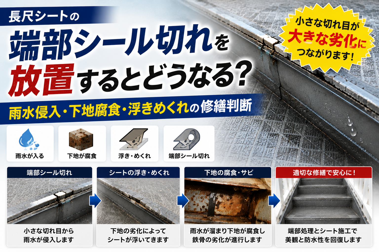 長尺シートの端部シール切れを放置するとどうなる？雨水侵入・下地腐食・浮きめくれの修繕判断
