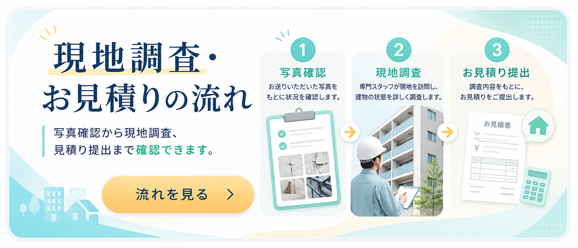 現地調査 お見積りの流れ 写真確認 現地調査 見積り提出まで確認できます