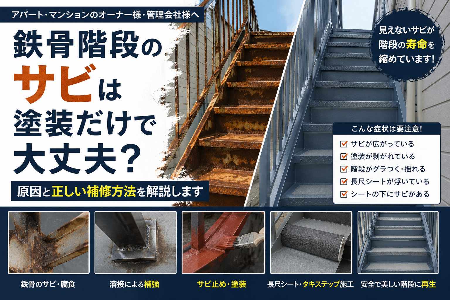 鉄骨階段のサビは塗装だけで大丈夫？溶接補修が必要な症状と判断基準