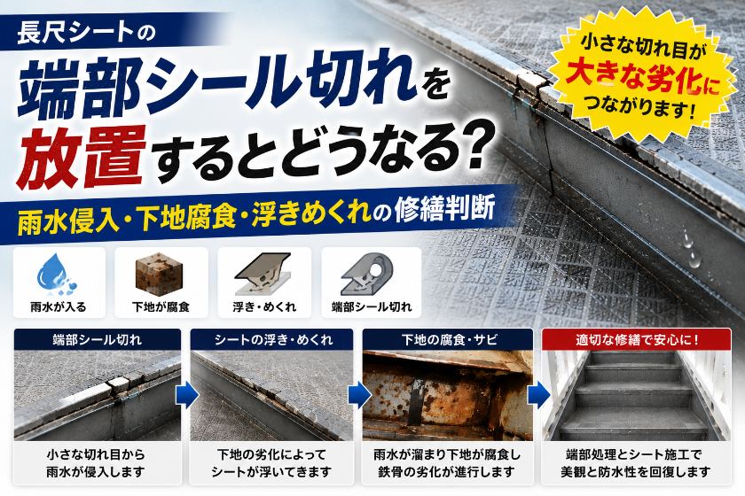 長尺シートの端部シール切れを放置するとどうなる?雨水侵入・下地腐食・浮きめくれの修繕判断