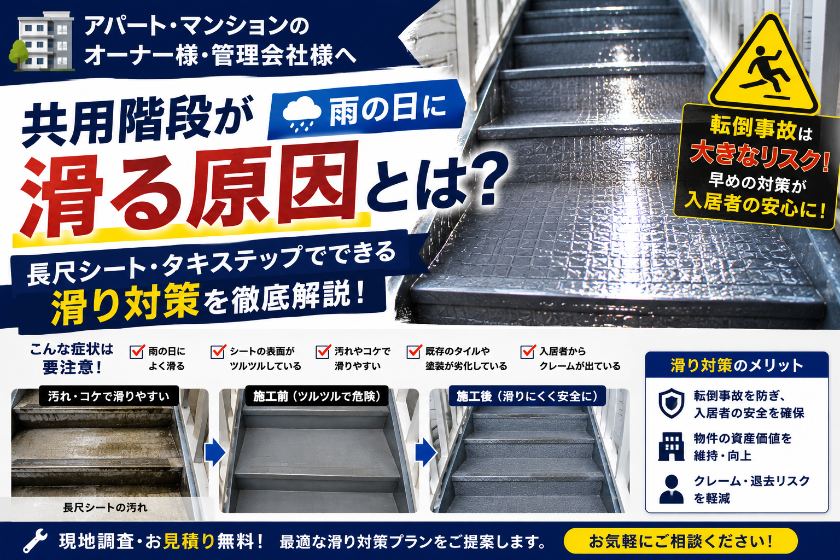 共用階段が雨の日に滑る原因とは?長尺シート・タキステップでできる滑り対策