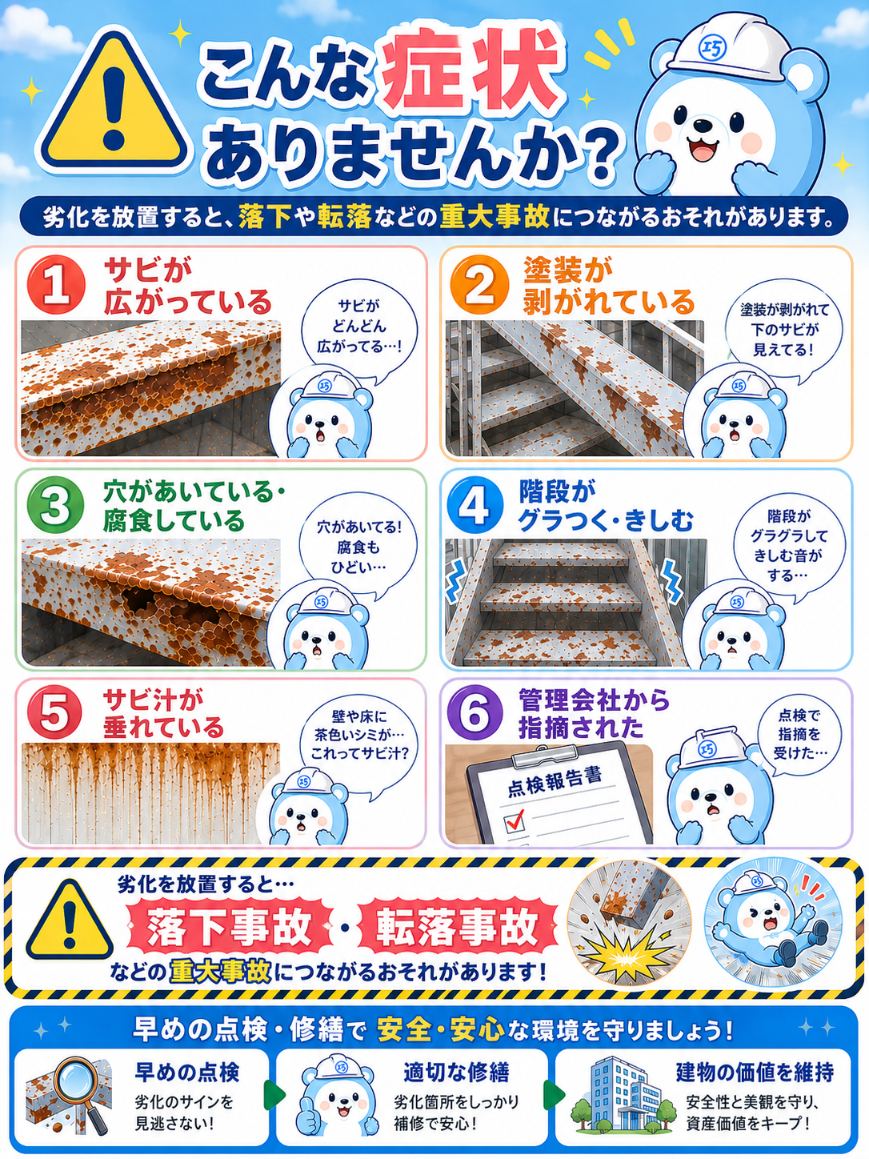 鉄骨階段や手すりのサビ・腐食・穴あきなどの症状例