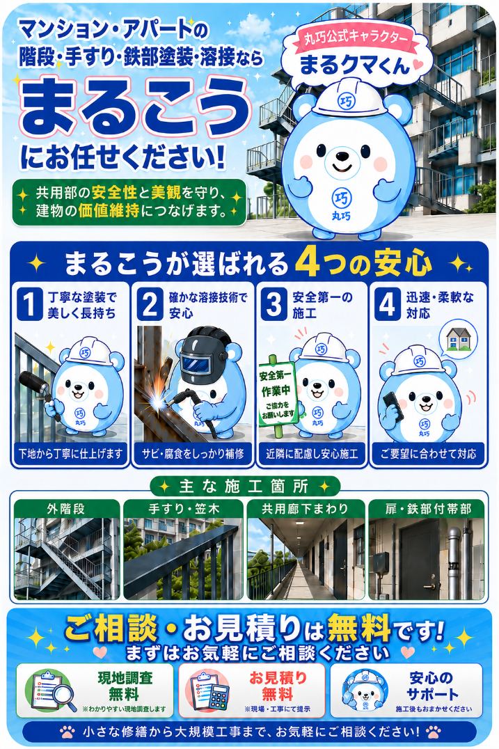 鉄骨補修・溶接工事｜階段・鉄部の腐食補修なら株式会社丸巧