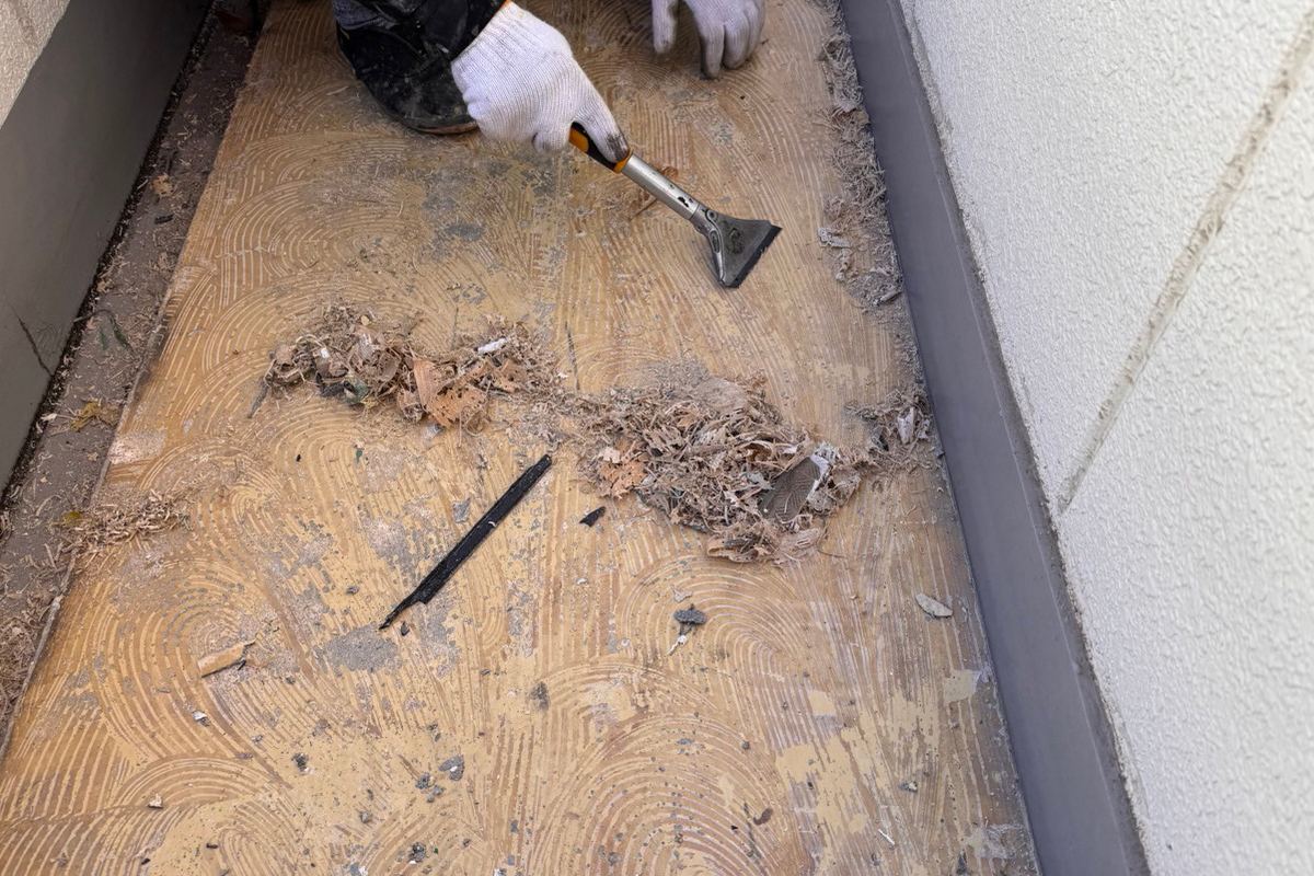 長尺シート補修前の劣化状態を確認している様子